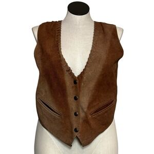 Vtg Suede Leather Vest Women's L Brown Braided Trim Button Front Adjustable Back